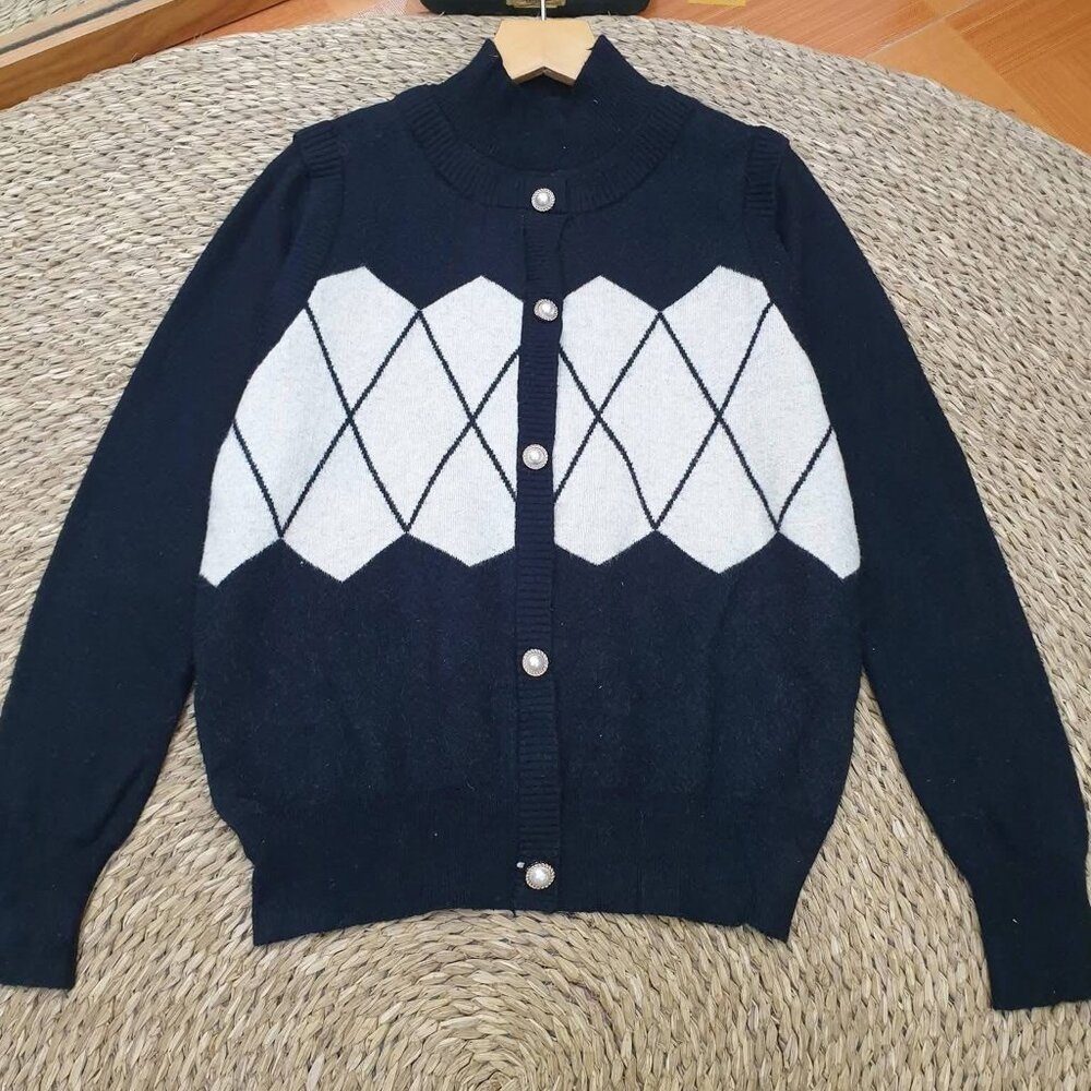 Navy Argyle Diamond Knit Cardigan Pearl Button Preppy Crop Top